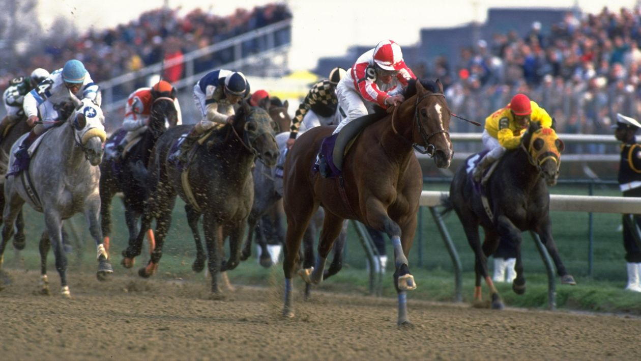 Pat Eddery on Sheikh Albadou leads the field to win the 1991 Breeders' Cup Sprint at Churchill Downs
