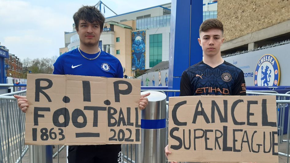 Chelsea and Manchester City supporters express their dismay over the European Super League plans