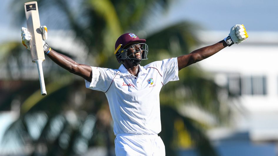West Indies' Jason Holder celebrates his double century against England