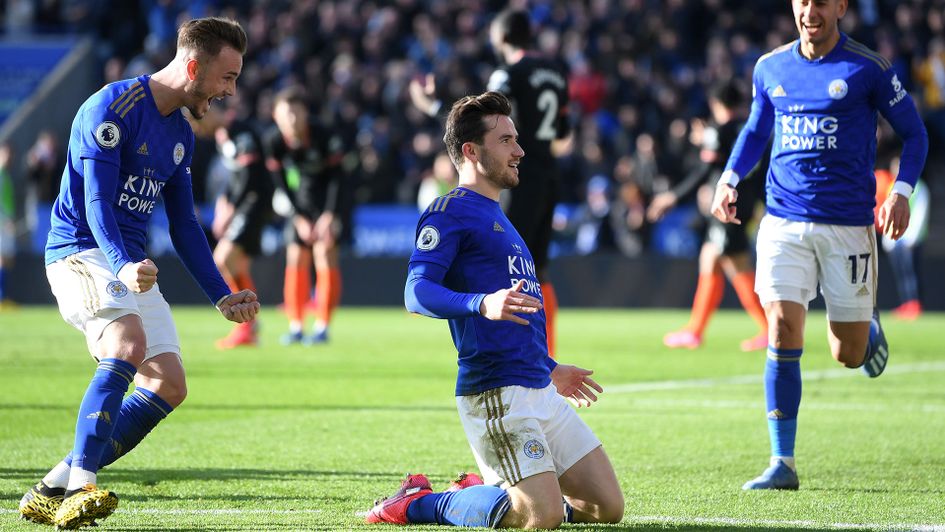 Ben Chilwell celebrates scoring Leicester's second goal against Chelsea