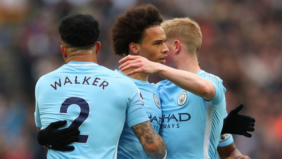 Leroy Sane is congratulated after scoring for Man City