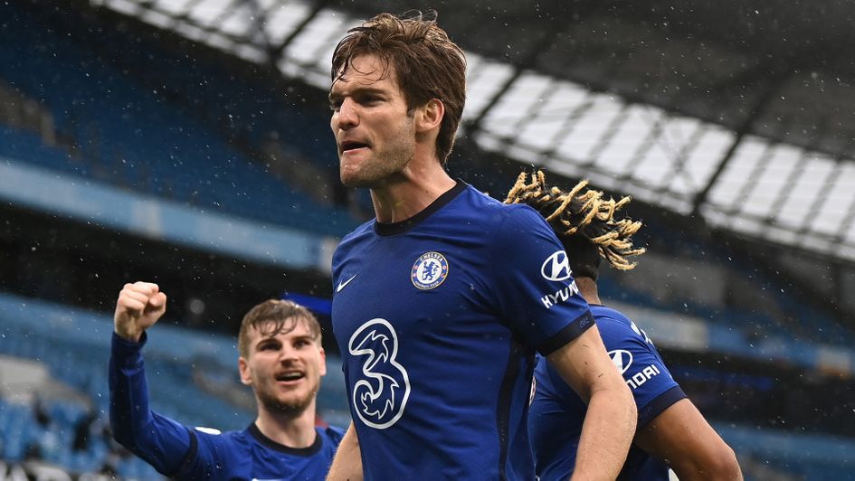 Marcos Alonso celebrates his goal against Manchester City