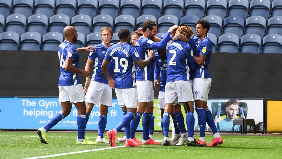 Joe Ralls: Midfielder celebrates with Cardiff team-mates after scoring against Preston in the Sky Bet Championship