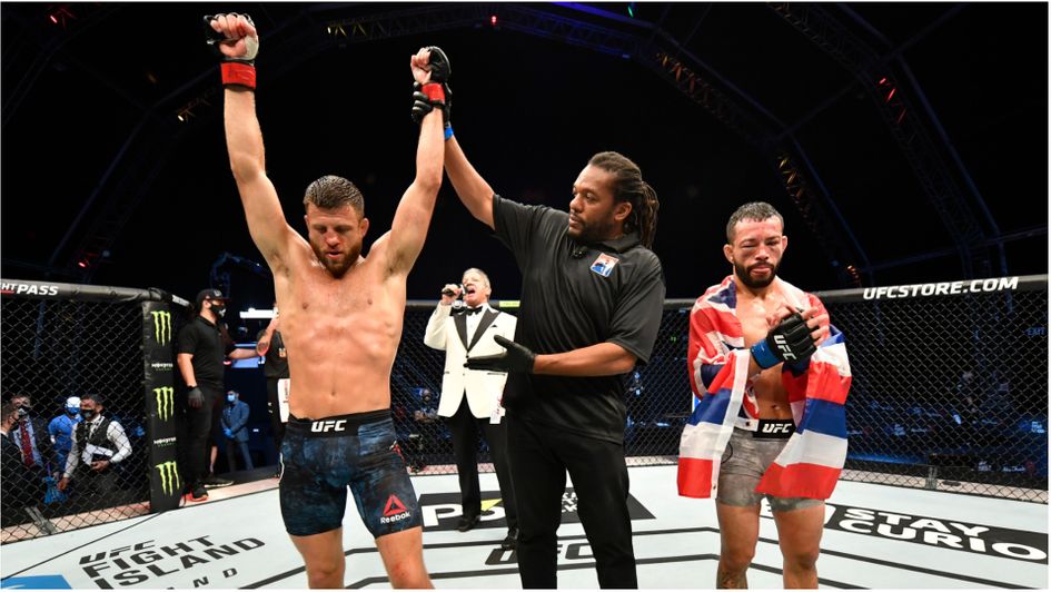Calvin Kattar celebrates his victory over Dan Ige at UFC Fight Island 1 in Abu Dhabi