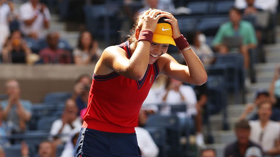Emma Raducanu reacts after reaching the US Open semi-finals
