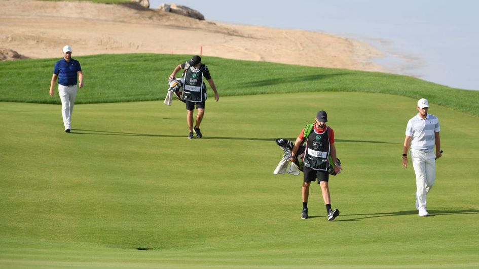 Thomas Pieters (foreground) and Tom Lewis in action in Saudi Arabia