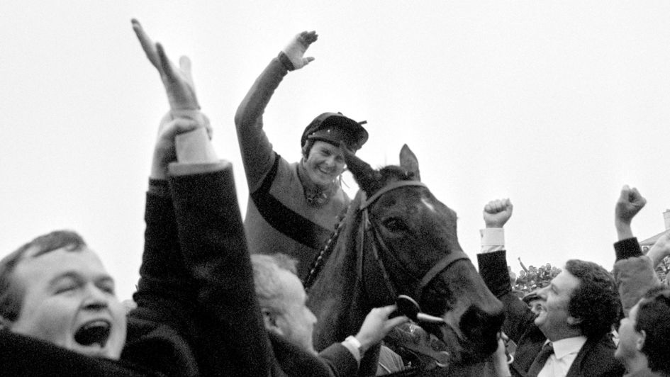 Jonjo O'Neill celebrates after winning the 1986 Gold Cup aboard Dawn Run