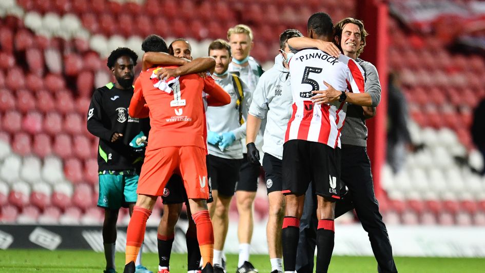 Brentford celebrate reaching the Sky Bet Championship play-off final