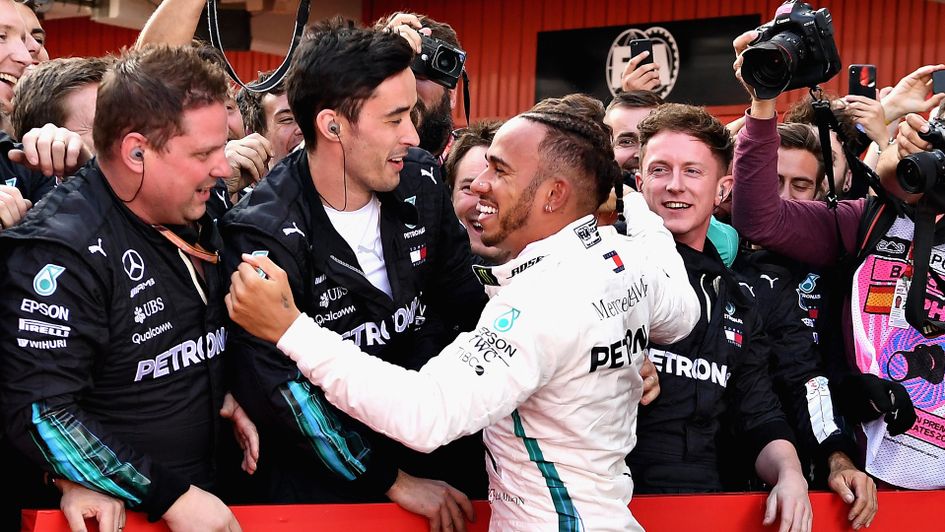 Lewis Hamilton celebrates victory in the Spanish Grand Prix