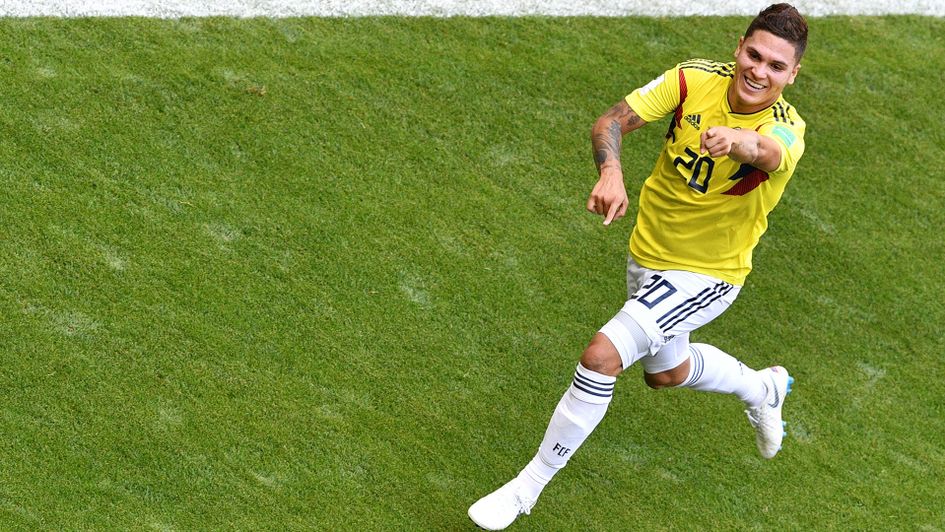 Juan Quintero celebrates after scoring for Colombia v Japan at the World Cup
