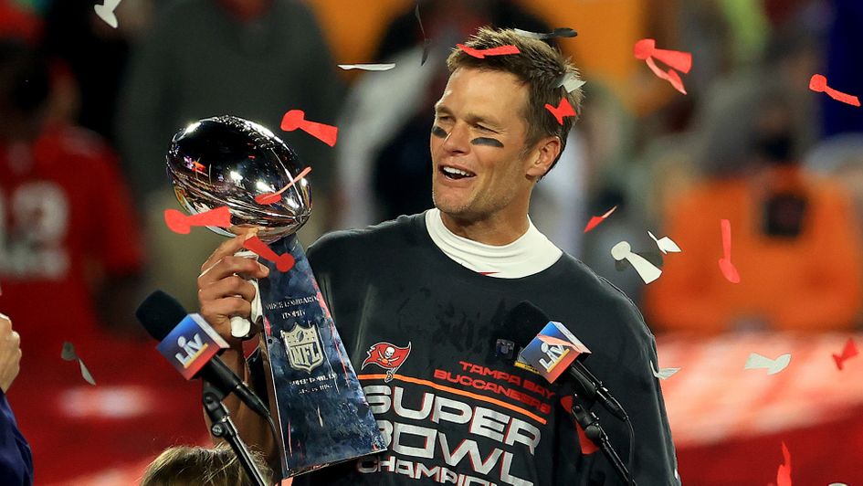 Tampa Bay Buccaneers quarterback Tom Brady with the Vince Lombardi Trophy after winning Super Bowl LV