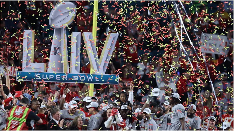 The Kansas City Chiefs lift the Lombardi Trophy as the winners of the NFL Super Bowl LIV