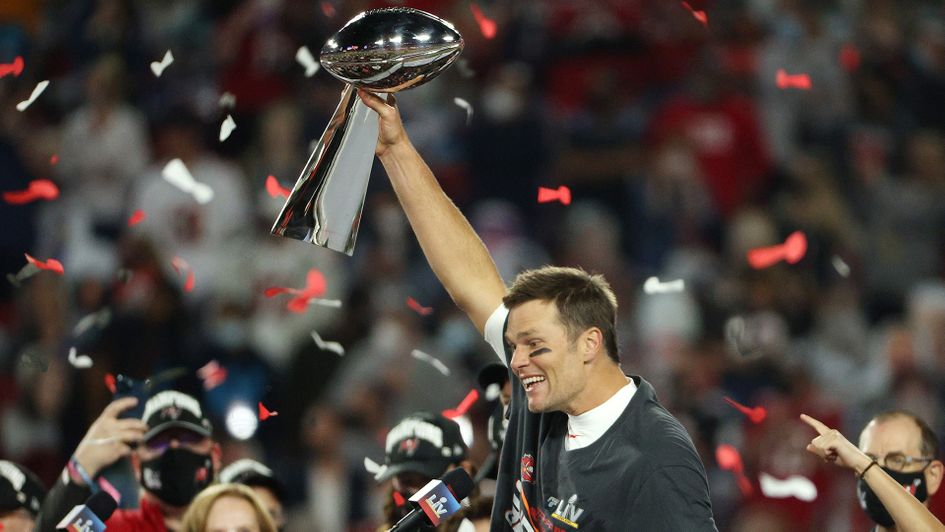 Tom Brady hoists the Vince Lombardi Trophy after Tampa Bay Buccaneers won Super Bowl LV
