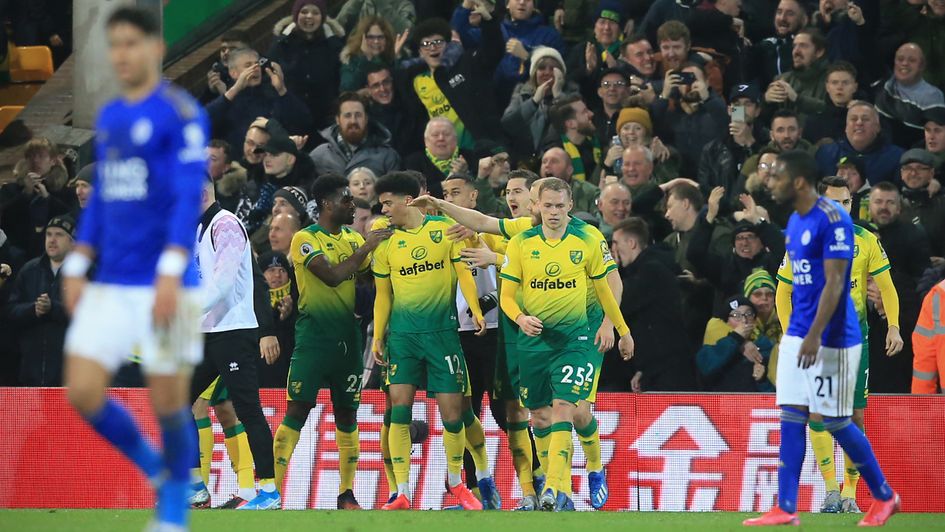 Norwich players celebrate Jamal Lewis' strike in the Premier League win over Leicester