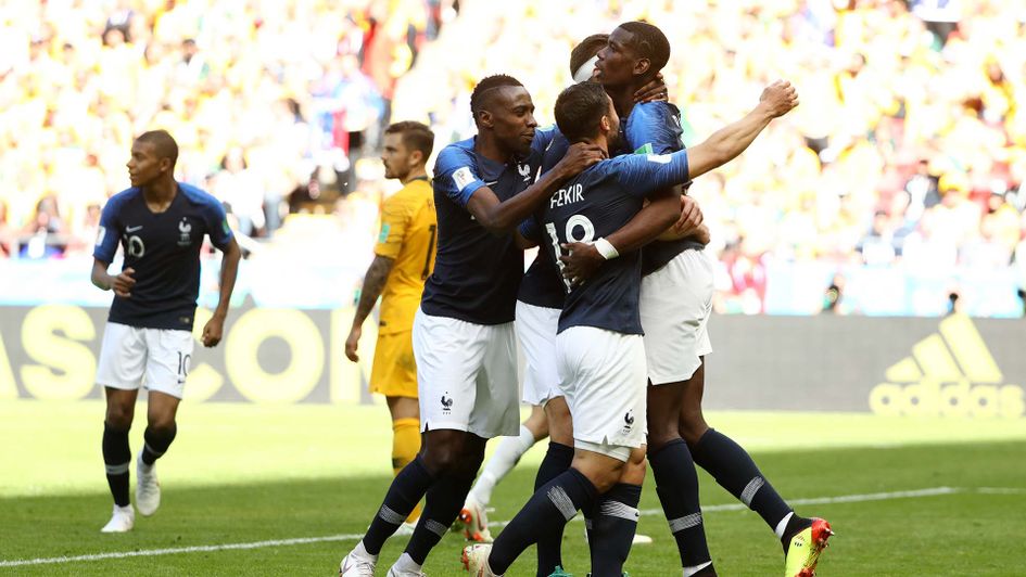 France celebrate their late winner against Australia