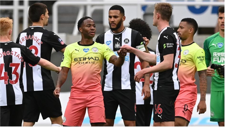 Raheem Sterling celebrates Man City's FA Cup win at Newcastle