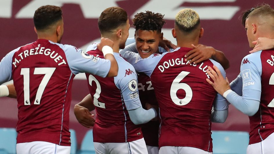 Aston Villa's Ollie Watkins is congratulated after scoring against Liverpool