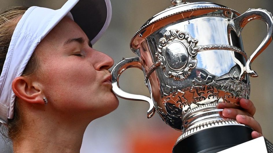 Barbora Krejcikova kisses the trophy after her shock Roland Garros triumph