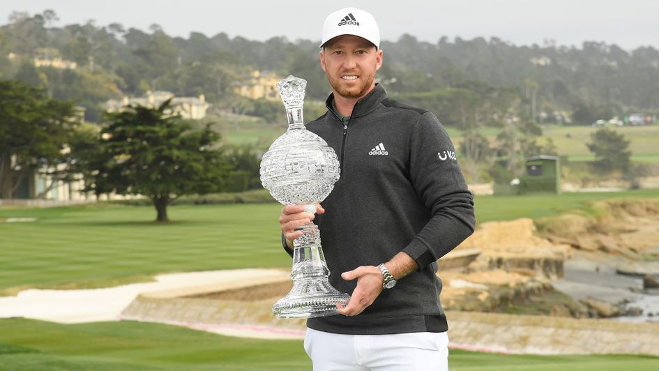 Daniel Berger with the trophy after winning the AT&T Pebble Beach Pro-Am at Pebble Beach