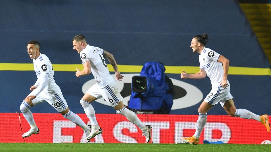 Rodrigo (left) celebrates his goal against Leeds