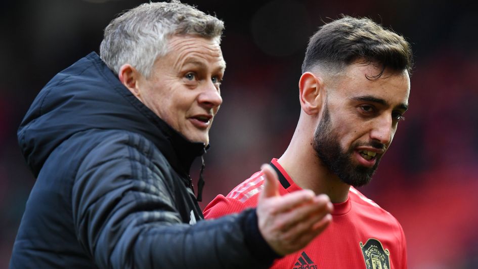 Bruno Fernandes (right) is congratulated by Manchester United boss Ole Gunnar Solskjaer