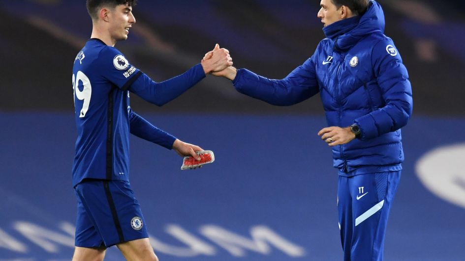 Kai Havertz and Thomas Tuchel celebrate a 2-0 win for Chelsea
