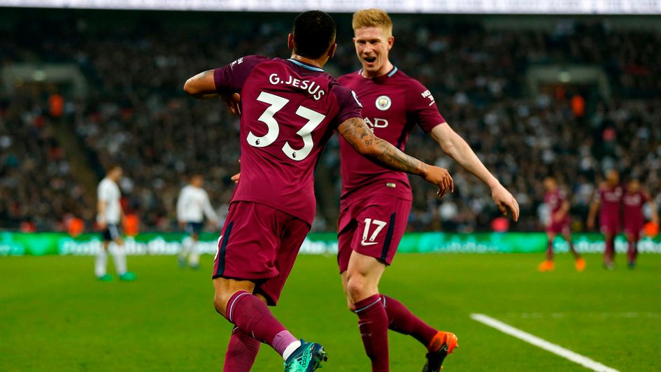 Gabriel Jesus celebrates with Kevin De Bruyne after scoring for Manchester City