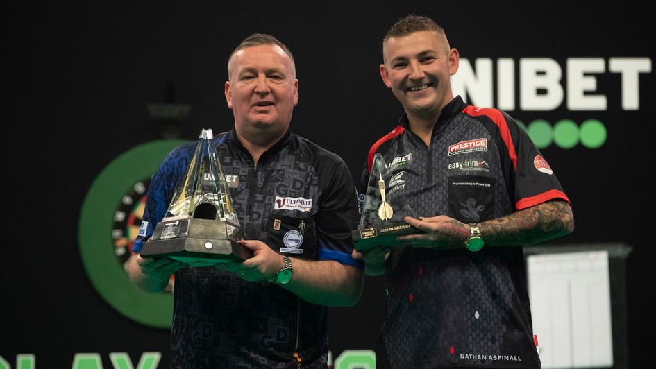 Premier League Darts champion Glen Durrant with runner-up Nathan Aspinall (Photos by Lawrence Lustig/PDC)