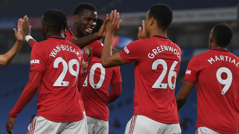 Manchester United celebrate Mason Greenwood's goal at Brighton