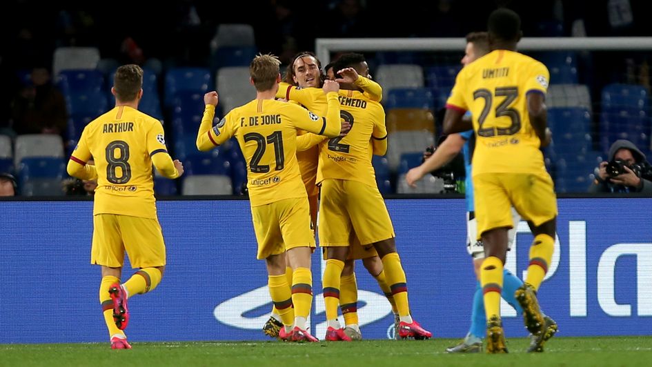 Barcelona celebrate Antoine Griezmann's equaliser at Napoli in the Champions League