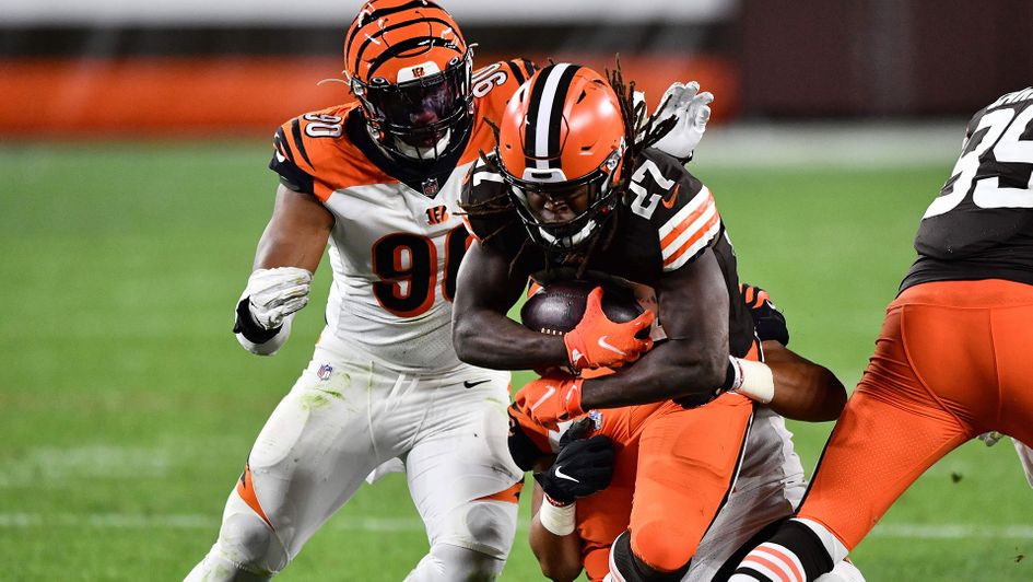 Kareem Hunt of the Cleveland Browns is brought down against the Cincinnati Bengals